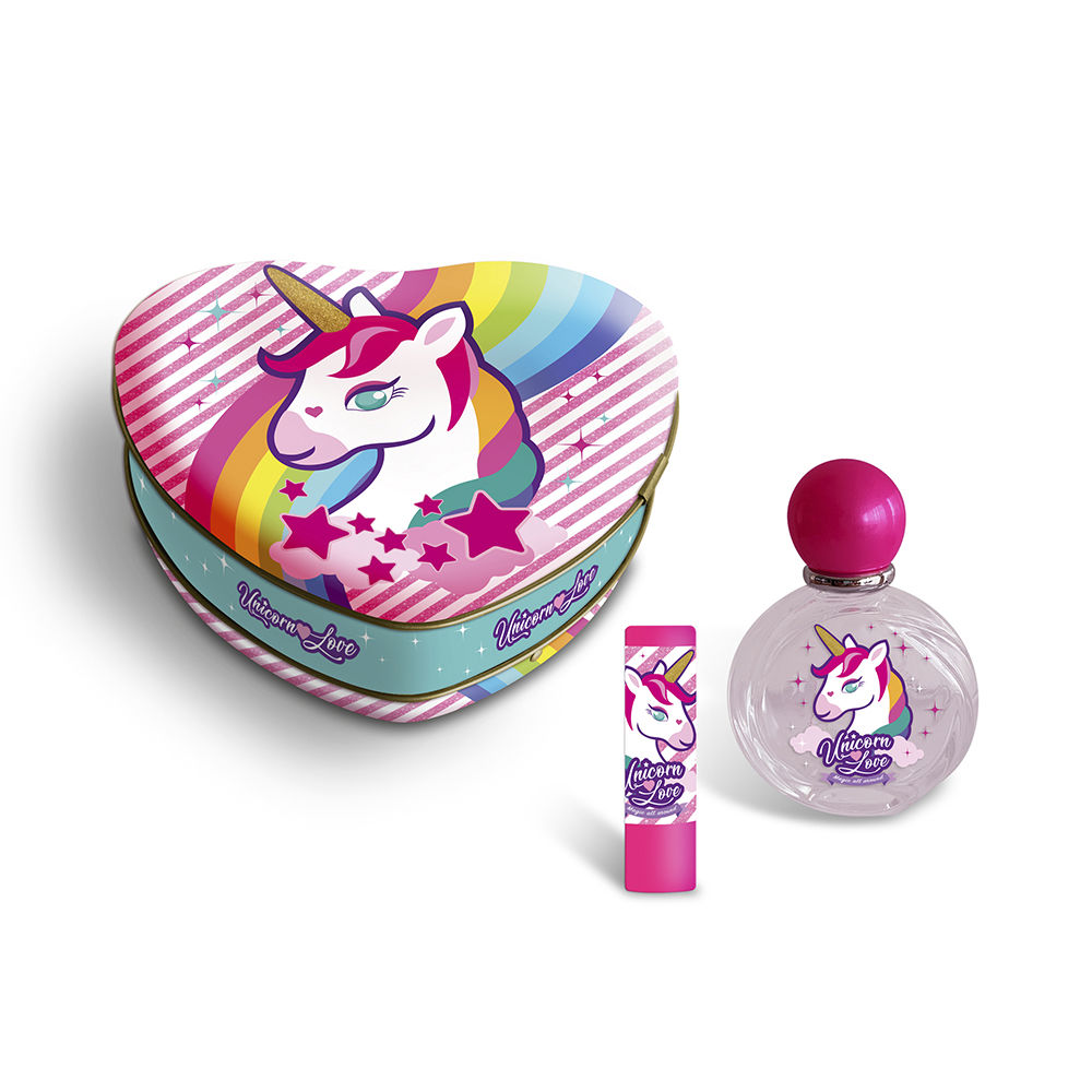 UNICORN HEART METAL CASE LOT OF 4 pcs (Eau de Toilette spray 50ml + lipstick + metal heart-shaped box)