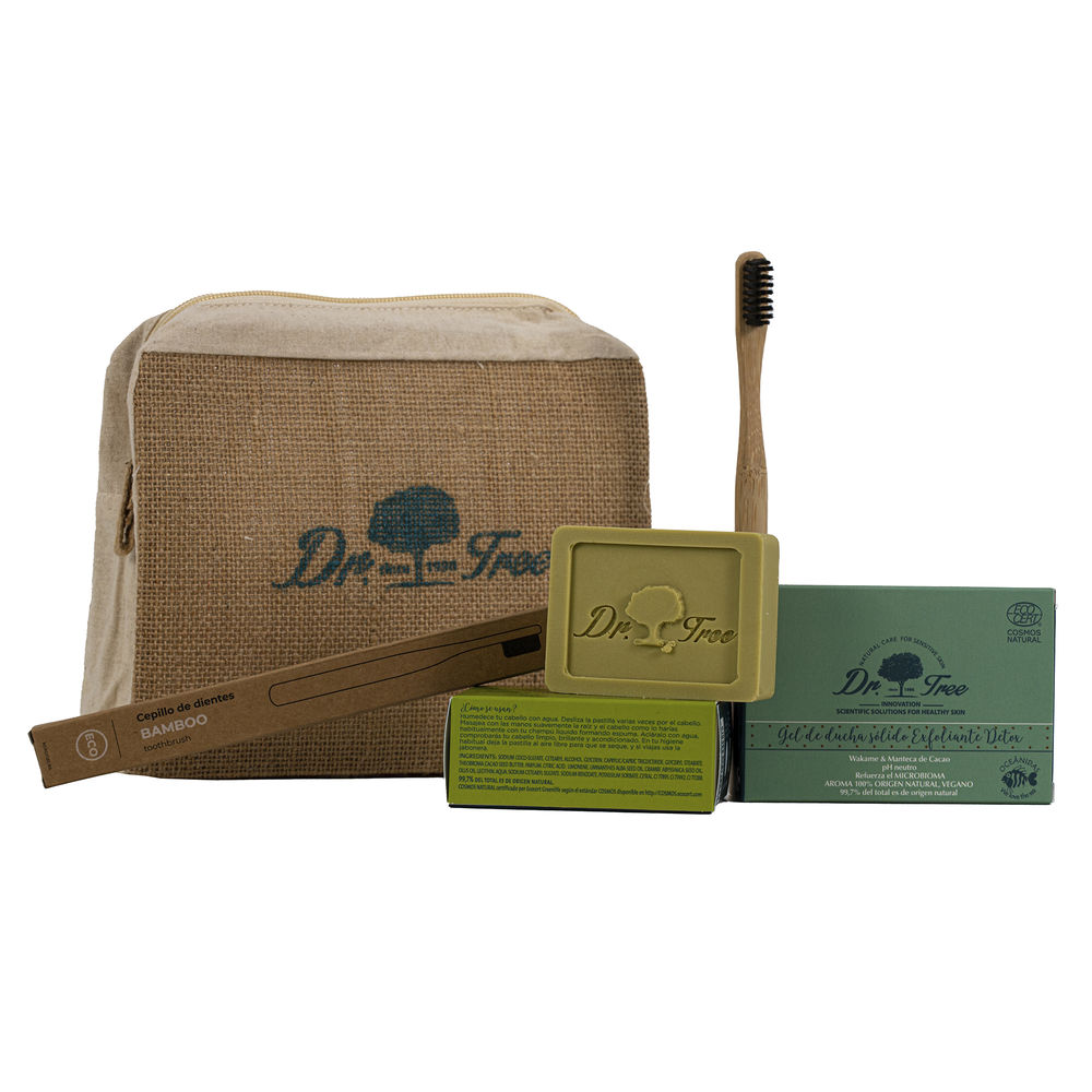 SOLID SHAMPOO AND GEL FOR SENSITIVE SKIN CASE 4 pcs (Champú sólido 75 g + Gel de ducha sólido 120 g + Cepillo de dientes de Bambú 1 u + Neceser 1 u)
