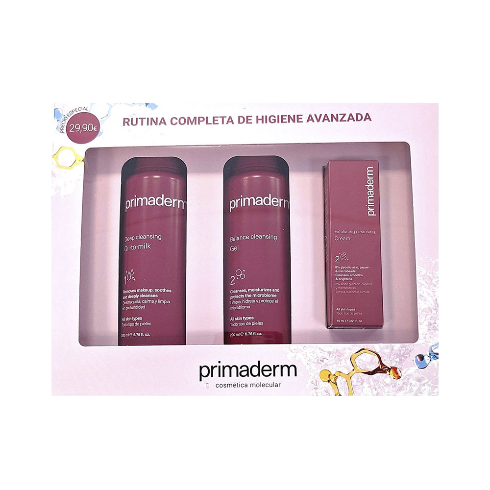 PRIMADERM COMPLETE ROUTINE 3-PIECE KIT (Facial cleansing oil-milk 200ml + Facial cleansing gel 200ml + Facial cleansing cream 5ml)